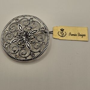 Premier Designs Silver Tone Filigree Brooch Pendant Clear Rhinestone Circular Pi